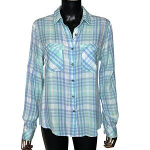 Billy T Peppermint Plaid Tencel Button Up Blouse Green Blue Small NWT